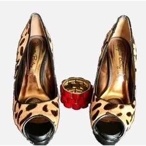 𝅺brigitte Bailey Size 5 Peep Toe Platform Pumps Leopard Print Calfs hair